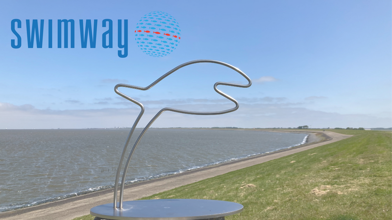 Fish sculpture on dyke and watermark of Swimway logo. Waddenacademie.
